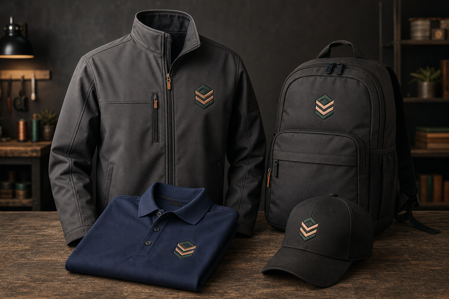 Finished embroidered work jacket, polo, backpack and cap with coordinated stitched logo marks
