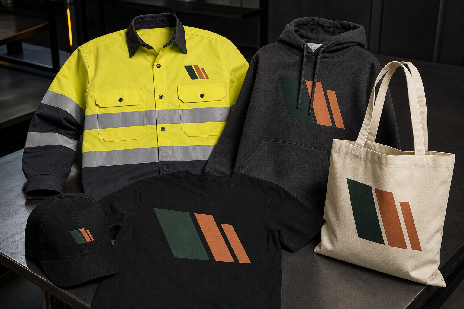 Finished screen printed high visibility work shirt, hoodie, t-shirt, tote bag and cap